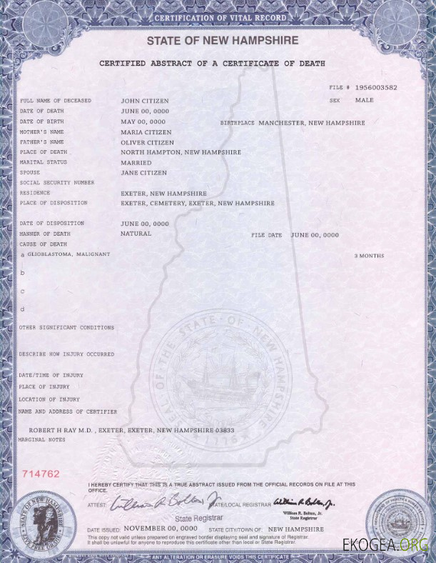 Modèle de certificat de décès de l'État du New Hampshire aux États Unis au format PSD